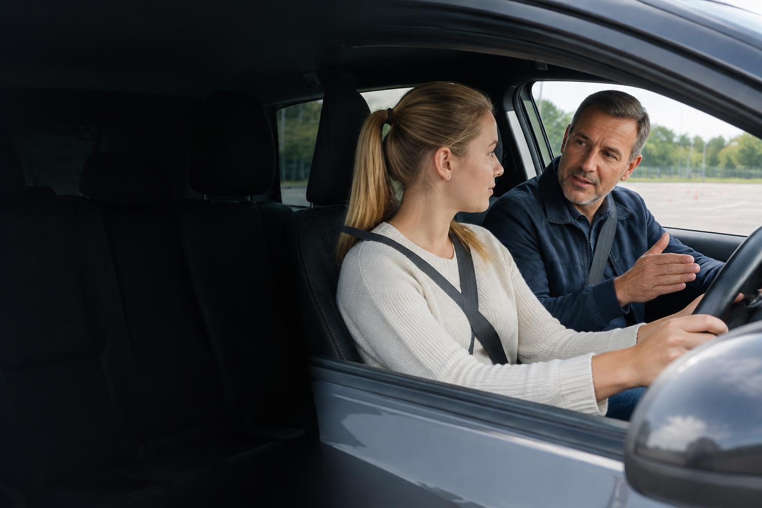 Elev och trafiklärare som förbereder en körlektion i en parkerad bil